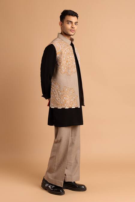 Buy_Rohit Doshi_Beige Cotton Beads, Embroidery Bundi And Kurta Set _Online_at_Aza_Fashions