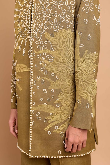 Rohit Doshi_Green Cotton, Crepe, Rayon Pearls, Embroidery Bundi And Kurta Set _Online_at_Aza_Fashions