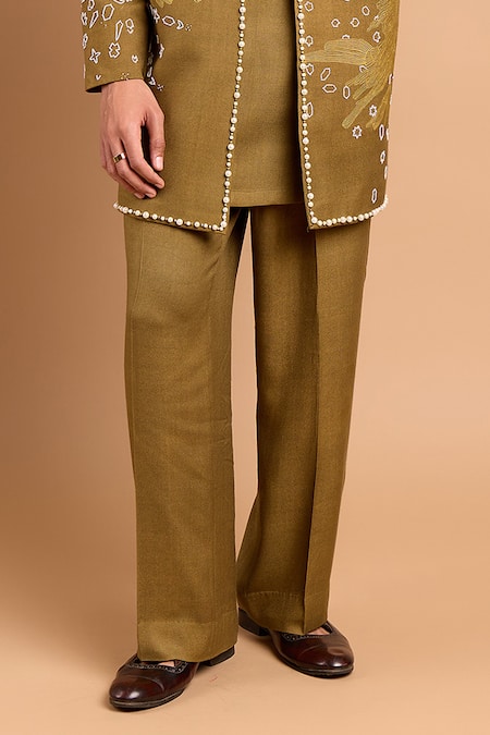 Buy_Rohit Doshi_Green Cotton, Crepe, Rayon Pearls, Embroidery Bundi And Kurta Set _Online_at_Aza_Fashions