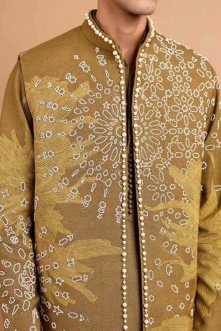 Shop_Rohit Doshi_Green Cotton, Crepe, Rayon Pearls, Embroidery Bundi And Kurta Set _Online_at_Aza_Fashions