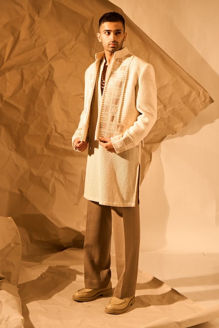 Rohit Doshi_Off White Embroidery Jacket And Kurta Set _Online_at_Aza_Fashions
