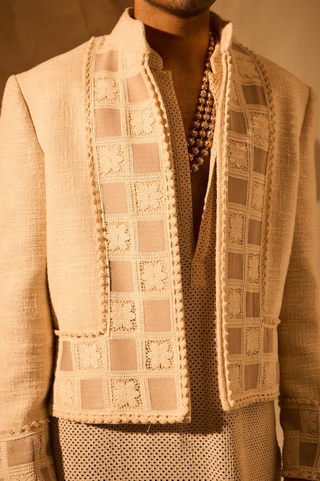 Buy_Rohit Doshi_Off White Embroidery Jacket And Kurta Set _Online_at_Aza_Fashions