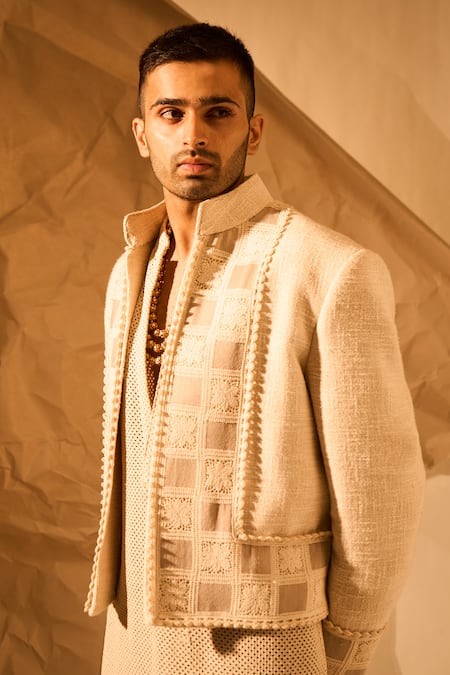 Buy_Rohit Doshi_Off White Embroidery Jacket And Kurta Set 