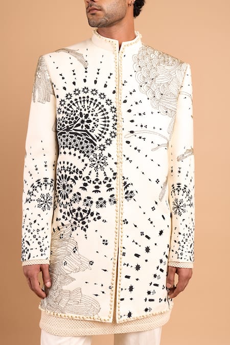 Buy_Rohit Doshi_Off White Cotton, Crepe, Rayon Embroidery, Beads Abstract Motif Bandhgala Set _Online_at_Aza_Fashions