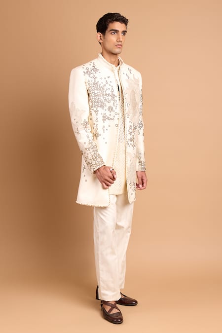 Buy_Rohit Doshi_Off White Cotton, Crepe, Rayon Floral And Geometric Embroidered Bandhgala Set _Online_at_Aza_Fashions