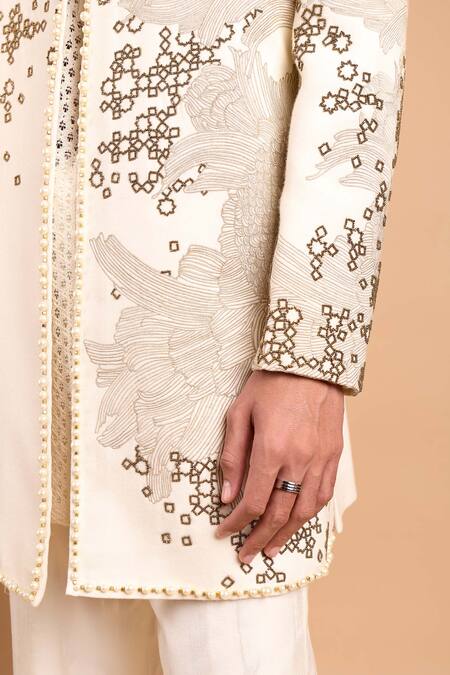 Shop_Rohit Doshi_Off White Cotton, Crepe, Rayon Floral And Geometric Embroidered Bandhgala Set _Online_at_Aza_Fashions