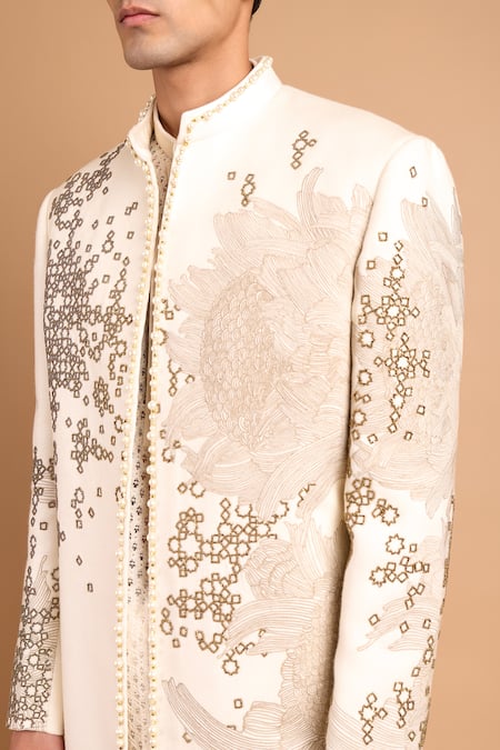 Rohit Doshi_Off White Cotton, Crepe, Rayon Floral And Geometric Embroidered Bandhgala Set _at_Aza_Fashions