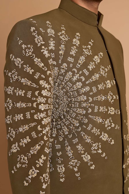 Rohit Doshi_Green Crepe Embroidery, Sequins Bandhgala And Pant Set _Online_at_Aza_Fashions