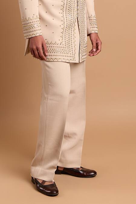 Rohit Doshi_Off White Polyester Beads, Metallic Thread Embellished Bandhgala And Pant Set _Online_at_Aza_Fashions