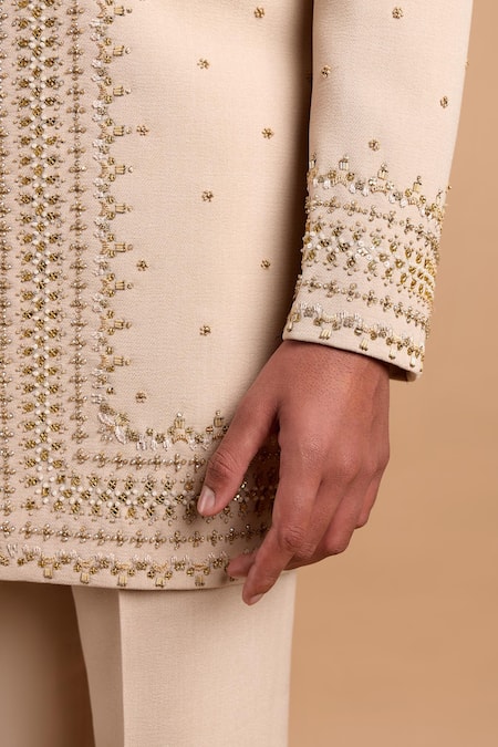 Rohit Doshi_Off White Polyester Beads, Metallic Thread Embellished Bandhgala And Pant Set _at_Aza_Fashions