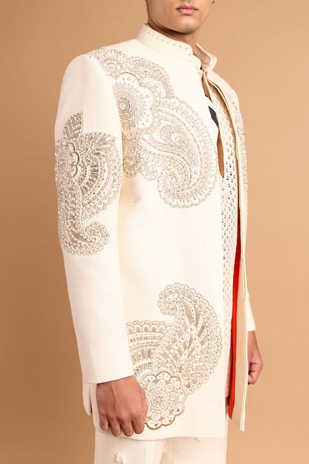 Rohit Doshi_Off White Cotton Metallic Thread, Beads, Embroidery, Paisley Bandhgala Set _Online_at_Aza_Fashions