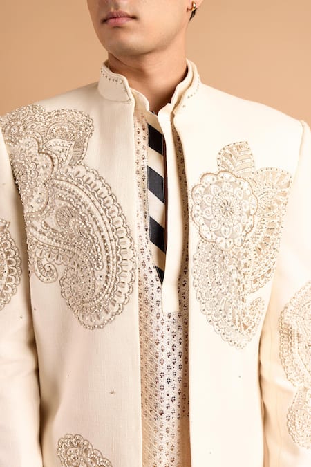 Shop_Rohit Doshi_Off White Cotton Metallic Thread, Beads, Embroidery, Paisley Bandhgala Set _Online_at_Aza_Fashions