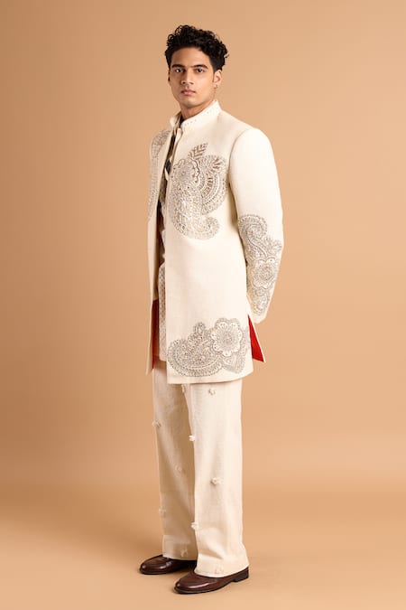 Rohit Doshi_Off White Cotton Metallic Thread, Beads, Embroidery, Paisley Bandhgala Set _at_Aza_Fashions