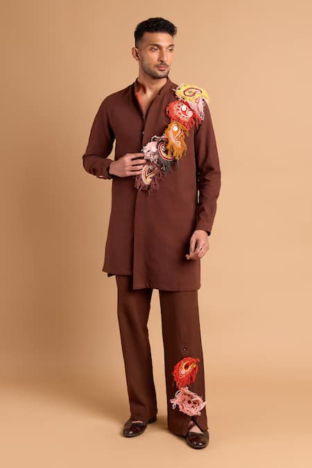 Rohit Doshi_Brown Cotton Embroidery, Tassels, Fringe Paisley Kurta And Pant Set _Online_at_Aza_Fashions