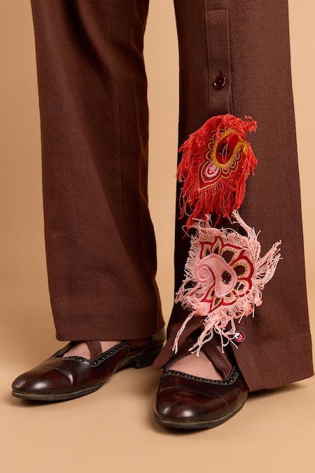 Buy_Rohit Doshi_Brown Cotton Embroidery, Tassels, Fringe Paisley Kurta And Pant Set _Online_at_Aza_Fashions