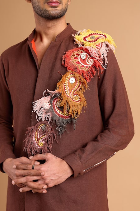 Shop_Rohit Doshi_Brown Cotton Embroidery, Tassels, Fringe Paisley Kurta And Pant Set _Online_at_Aza_Fashions