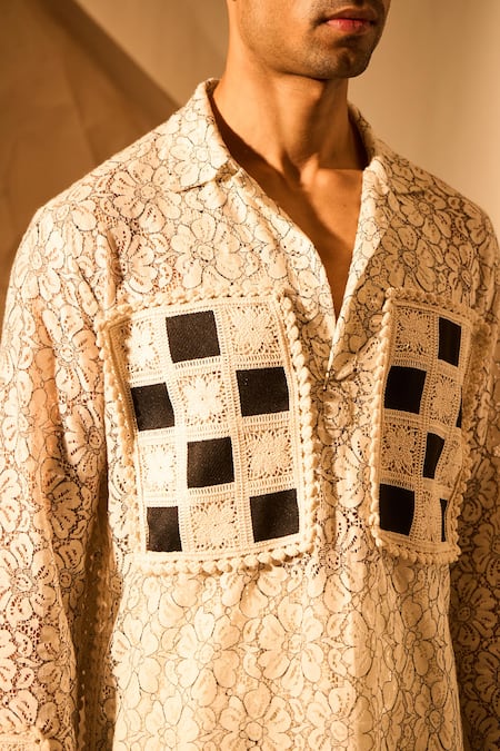 Buy Rohit Doshi Off White Mesh Embroidery, Patchwork Kurta And Pant Set Online at Aza Fashions Buy_Rohit Doshi_Off White Mesh Embroidery, Patchwork Kurta And Pant Set _Online_at_Aza_Fashions