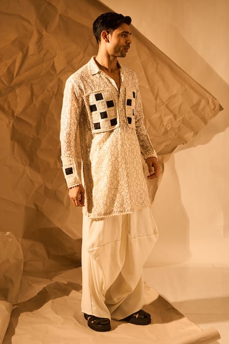 Shop Rohit Doshi Off White Mesh Embroidery, Patchwork Kurta And Pant Set Online at Aza Fashions Shop_Rohit Doshi_Off White Mesh Embroidery, Patchwork Kurta And Pant Set _Online_at_Aza_Fashions