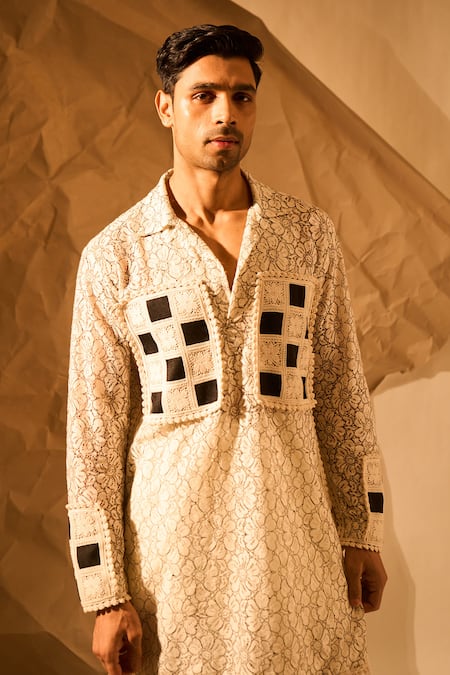 Rohit Doshi Off White Mesh Embroidery, Patchwork Kurta And Pant Set at Aza Fashions Rohit Doshi_Off White Mesh Embroidery, Patchwork Kurta And Pant Set _at_Aza_Fashions