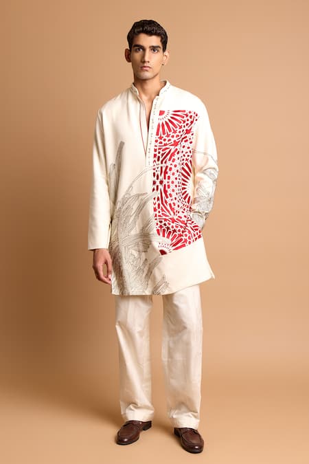 Rohit Doshi Off White Cotton, Crepe, Rayon Embroidery, Beads Kurta And Pant Set