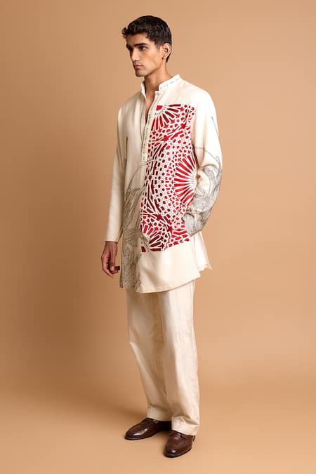 Rohit Doshi Off White Cotton, Crepe, Rayon Embroidery, Beads Kurta And Pant Set at Aza Fashions Rohit Doshi_Off White Cotton, Crepe, Rayon Embroidery, Beads Kurta And Pant Set _at_Aza_Fashions