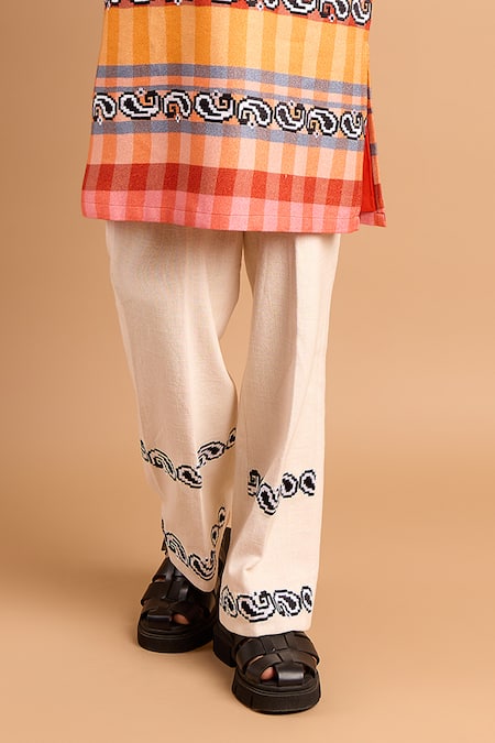 Rohit Doshi_Orange Cotton, Crepe, Rayon Embroidery Checkered Print Kurta Set _Online_at_Aza_Fashions