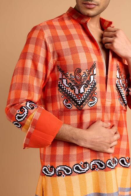 Buy_Rohit Doshi_Orange Cotton, Crepe, Rayon Embroidery Checkered Print Kurta Set _Online_at_Aza_Fashions