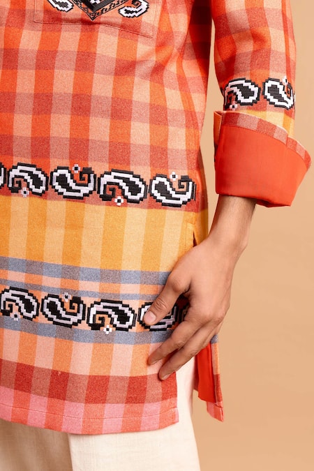 Shop_Rohit Doshi_Orange Cotton, Crepe, Rayon Embroidery Checkered Print Kurta Set _Online_at_Aza_Fashions