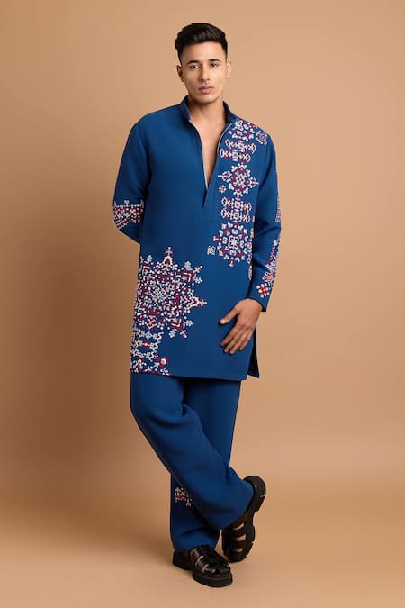 Buy Rohit Doshi Blue Crepe Embroidery, Beads, Sequins Geometric Kurta Set Online at Aza Fashions Buy_Rohit Doshi_Blue Crepe Embroidery, Beads, Sequins Geometric Kurta Set _Online_at_Aza_Fashions