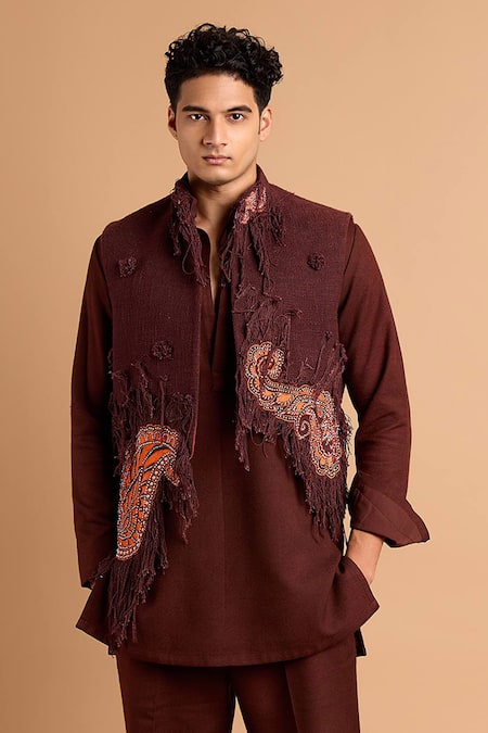 Buy_Rohit Doshi_Brown Cotton, Crepe, Rayon Paisley Embroidered Kurta And Pant Set _Online_at_Aza_Fashions