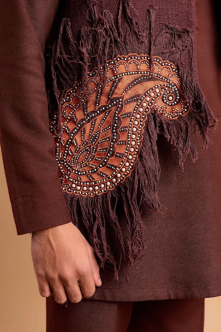 Shop_Rohit Doshi_Brown Cotton, Crepe, Rayon Paisley Embroidered Kurta And Pant Set _Online_at_Aza_Fashions