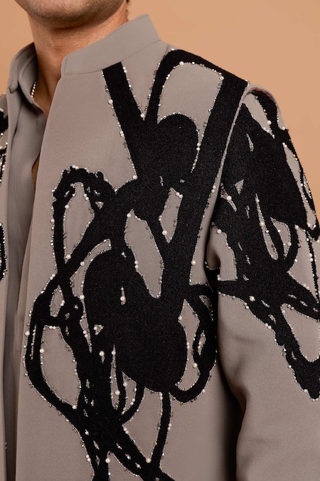 Rohit Doshi Gray Polyester, Crepe Abstract Embroidered Kurta And Pant Set at Aza Fashions Rohit Doshi_Gray Polyester, Crepe Abstract Embroidered Kurta And Pant Set _at_Aza_Fashions