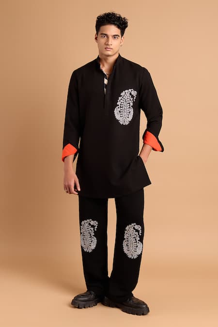 Rohit Doshi Black Embroidery Paisley Motif Kurta And Pant Set 