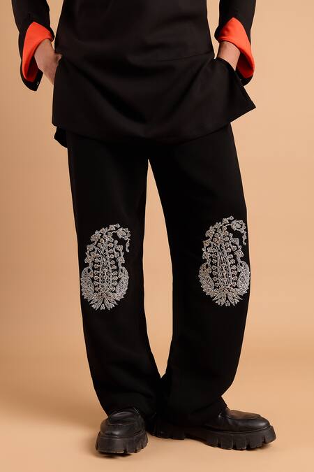 Rohit Doshi_Black Embroidery Paisley Motif Kurta And Pant Set _Online_at_Aza_Fashions