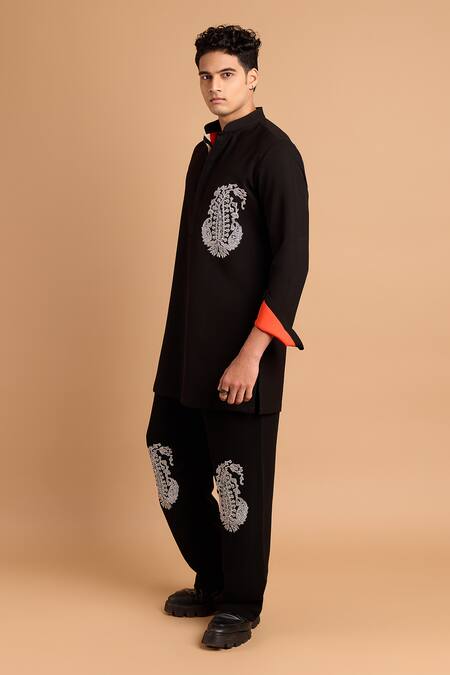 Shop_Rohit Doshi_Black Embroidery Paisley Motif Kurta And Pant Set _Online_at_Aza_Fashions