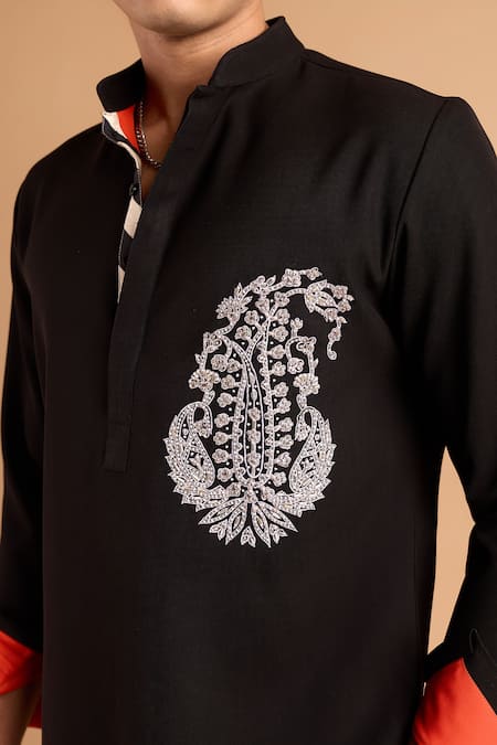 Rohit Doshi_Black Embroidery Paisley Motif Kurta And Pant Set _at_Aza_Fashions