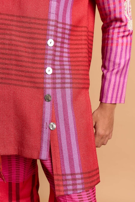 Rohit Doshi_Multi Color Cotton, Crepe, Rayon Embroidery Striped Print Kurta And Pant Set _Online_at_Aza_Fashions