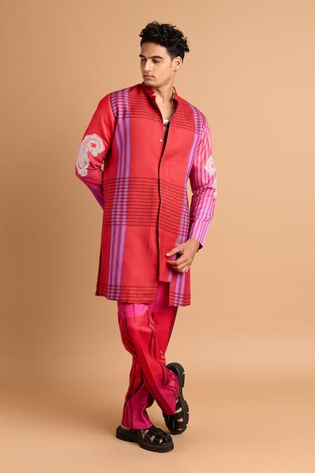Shop_Rohit Doshi_Multi Color Cotton, Crepe, Rayon Embroidery Striped Print Kurta And Pant Set _Online_at_Aza_Fashions