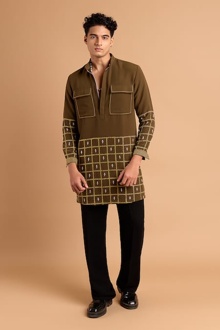 Rohit Doshi Green Crepe Embroidery Zipper Kurta And Pant Set Online at Aza Fashions Rohit Doshi_Green Crepe Embroidery Zipper Kurta And Pant Set _Online_at_Aza_Fashions