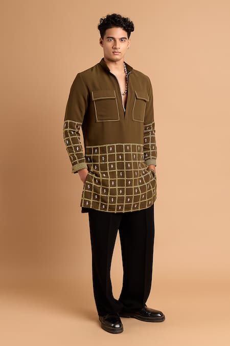 Rohit Doshi Green Crepe Embroidery Zipper Kurta And Pant Set 