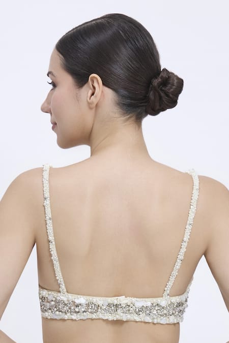 Buy_Dilnaz_Gray Net, Polyester Beads, Pearls, Stones V-neck Grid And Hand Embroidered Blouse _Online_at_Aza_Fashions