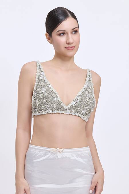 Dilnaz_Gray Net, Polyester Beads, Pearls, Stones V-neck Grid And Hand Embroidered Blouse _at_Aza_Fashions