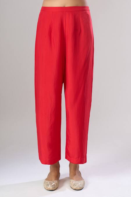 Debyani + CO_Red Georgette Embroidery, Sequins, Stones Round Neck Kurta And Pant Set _at_Aza_Fashions