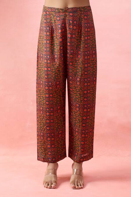 Debyani + CO_Red Embroidery, Sequins, Beads, Tassels Notched Meena Pitta Work Kurta With Pant _at_Aza_Fashions