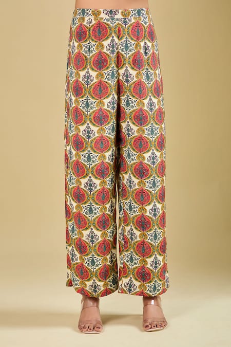 Debyani + CO_Ivory Silk Embroidery, Beads, Tassels Split Meena Placement Kurta With Pant _at_Aza_Fashions