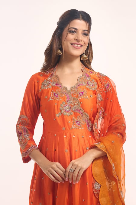 Shop_Surbhi Shah_Orange Embroidery, Tassels, Gota Patti, Sequins V-neck Angarkha Set _Online_at_Aza_Fashions