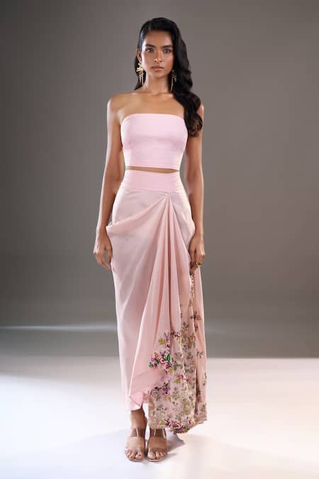 Anamika Khanna_Pink Embroidery, Sequins One Shoulder, Bandeau Neck Cape And Draped Skirt Set _Online_at_Aza_Fashions