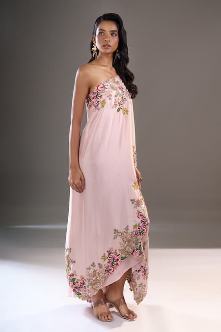 Buy_Anamika Khanna_Pink Embroidery, Sequins One Shoulder, Bandeau Neck Cape And Draped Skirt Set _Online_at_Aza_Fashions