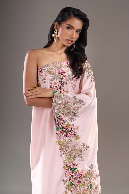 Shop_Anamika Khanna_Pink Embroidery, Sequins One Shoulder, Bandeau Neck Cape And Draped Skirt Set _Online_at_Aza_Fashions