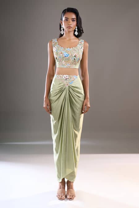 Anamika Khanna_Green Embroidery Open , Square Cape And Draped Skirt Set _Online_at_Aza_Fashions